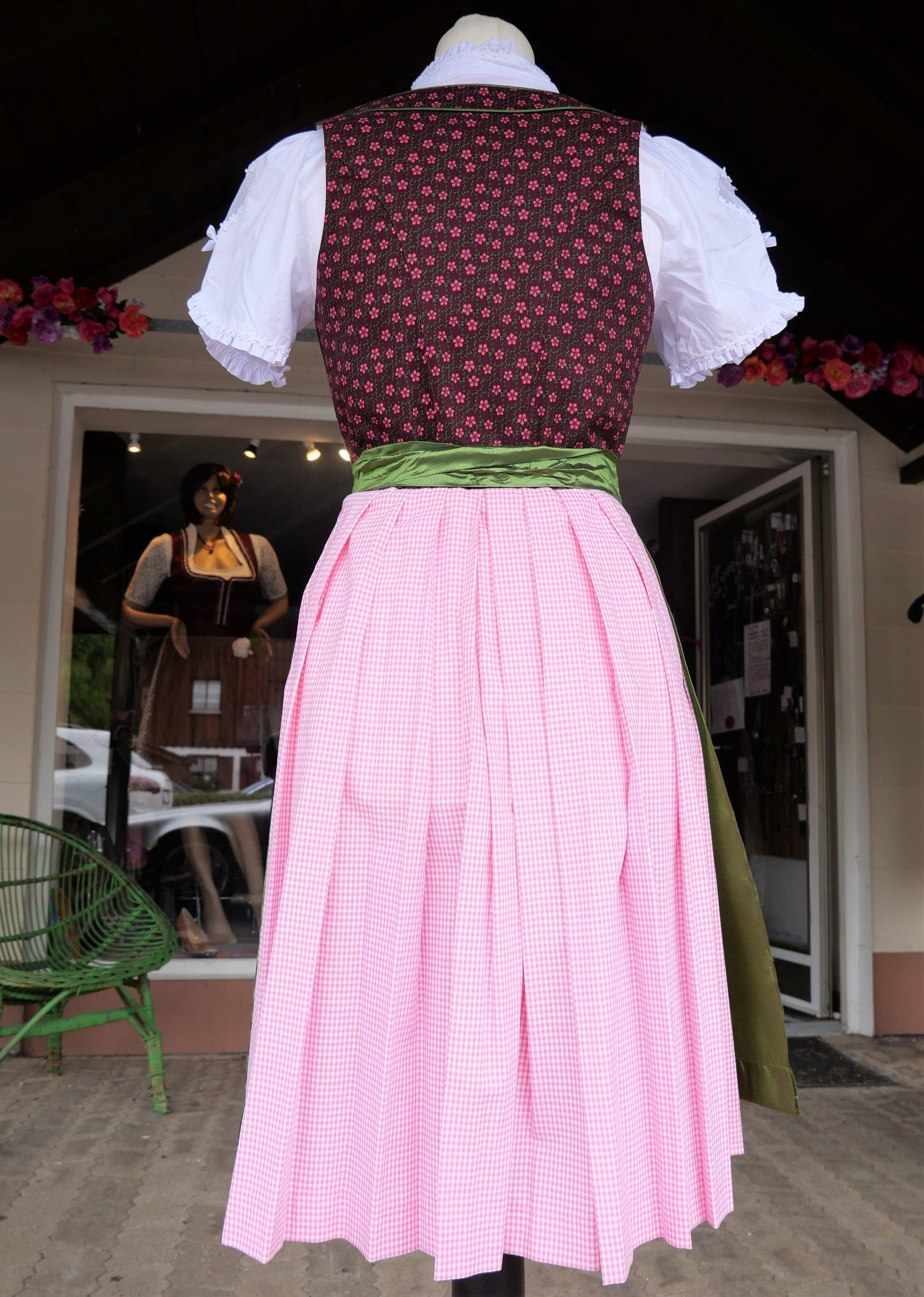 Dirndl Rose, Baumwolle, braun, grün, Midi 60 cm Dirndl Rose