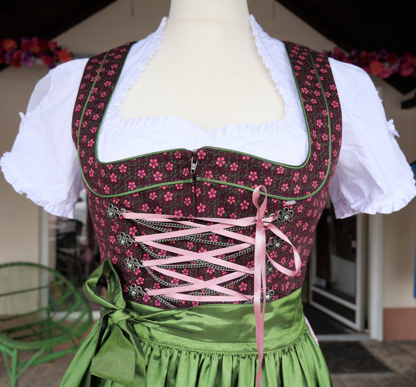 Dirndl Rose, Baumwolle, braun, grün, Midi 60 cm Dirndl Rose