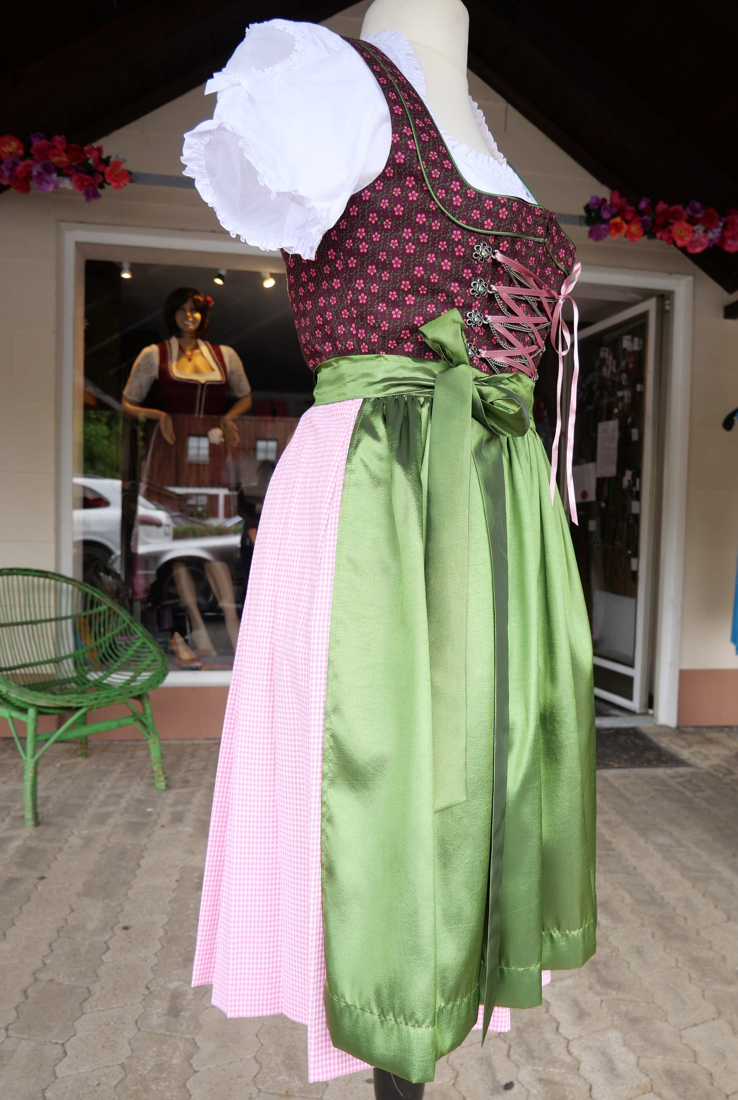 Dirndl Rose, Baumwolle, braun, grün, Midi 60 cm Dirndl Rose