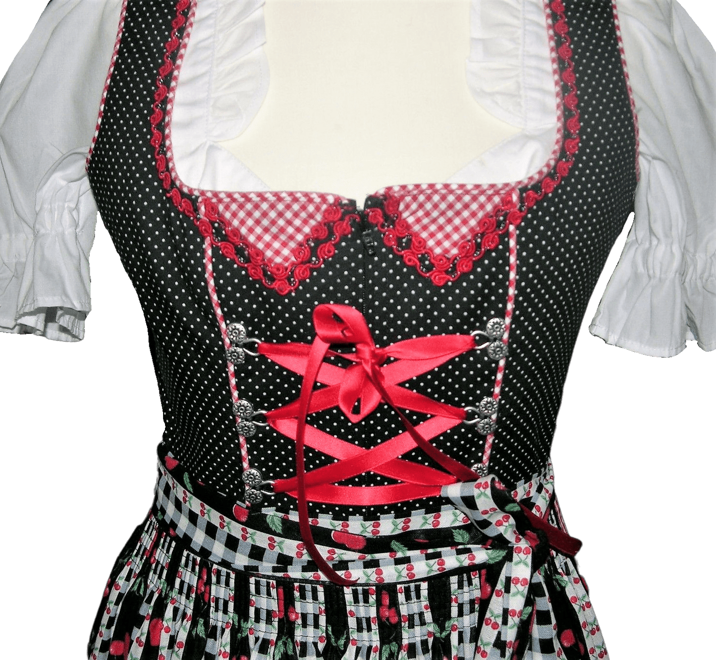 Dirndl Rose, Baumwolle, Kirschen, schwarz, rot, Midi 60 cm Dirndl Rose