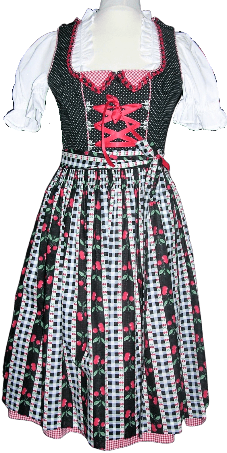 Dirndl Rose, Baumwolle, Kirschen, schwarz, rot, Midi 60 cm Dirndl Rose