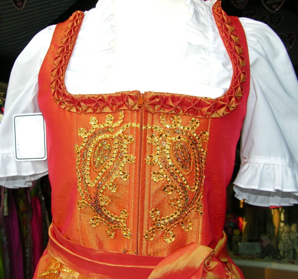 Dirndl Rose, Orange, Perlen, Midi 70 cm Glitzer Dirndl Rose