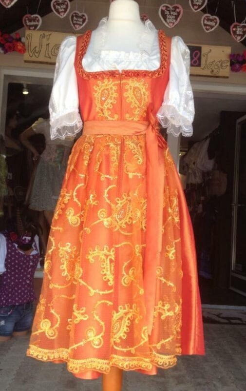 Dirndl Rose, Orange, Perlen, Midi 70 cm Glitzer Dirndl Rose