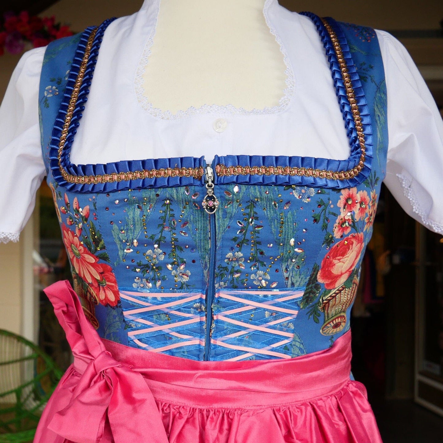 Dirndl Sportalm, Wels, blau, rosa, Seide, Midi 70 cm Dirndl Sportalm