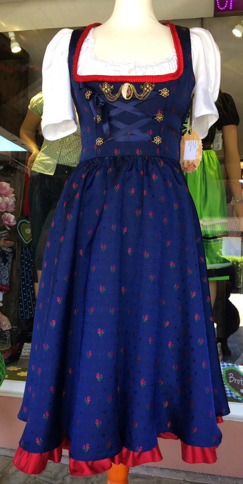 Dirndl Trentini, Josefine, blau rot, Midi 70 cm, Miederschnürung Dirndl Julia Trentini