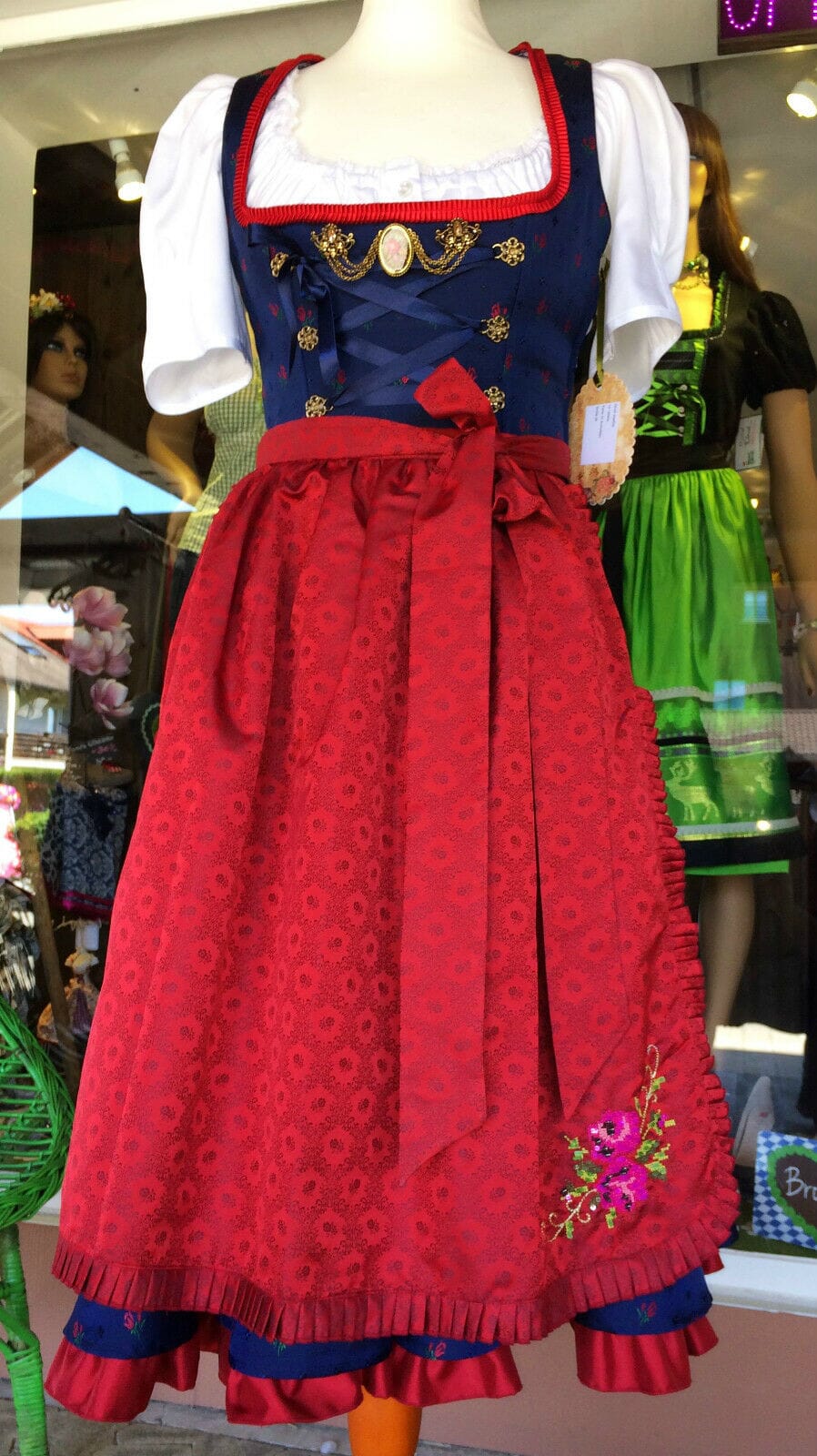 Dirndl Trentini, Josefine, blau rot, Midi 70 cm, Miederschnürung Dirndl Julia Trentini