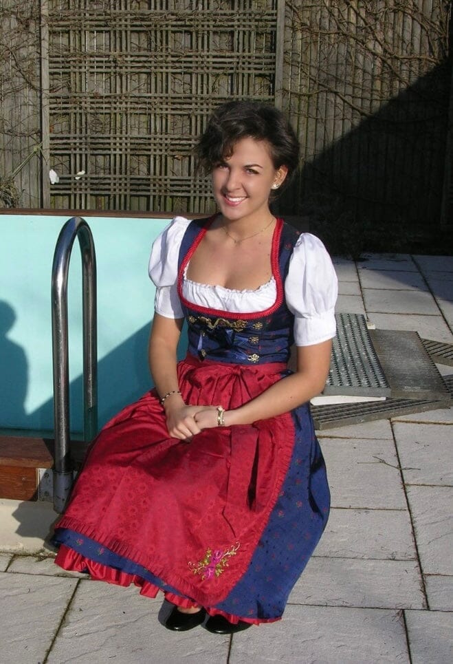 Dirndl Trentini, Josefine, blau rot, Midi 70 cm, Miederschnürung Dirndl Julia Trentini