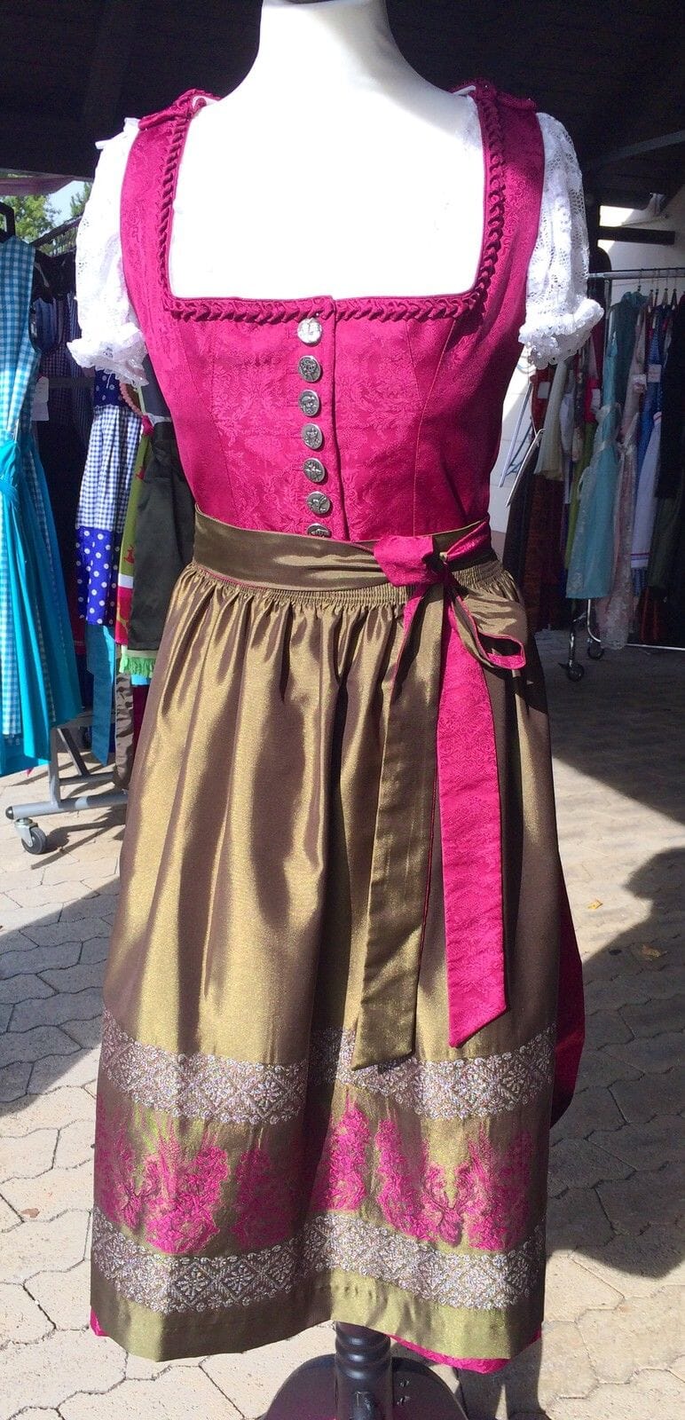 Dirndl Wenger, bordeaux, rot, grün, Midi, Gr. 34 Dirndl Wenger