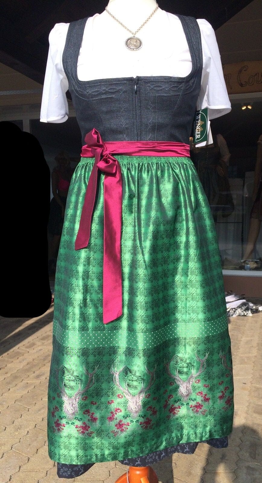 Dirndl Wenger, grau, grün, Hirsch, Maxi Dirndl Wenger