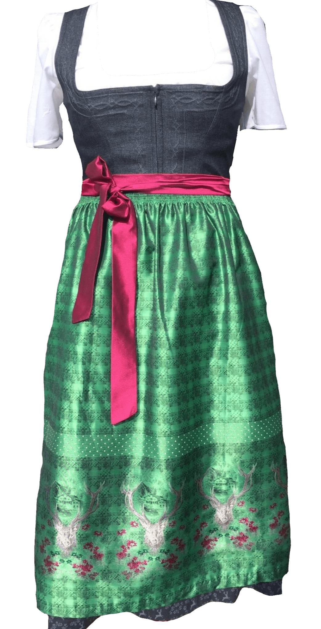 Dirndl Wenger, grau, grün, Hirsch, Maxi Dirndl Wenger