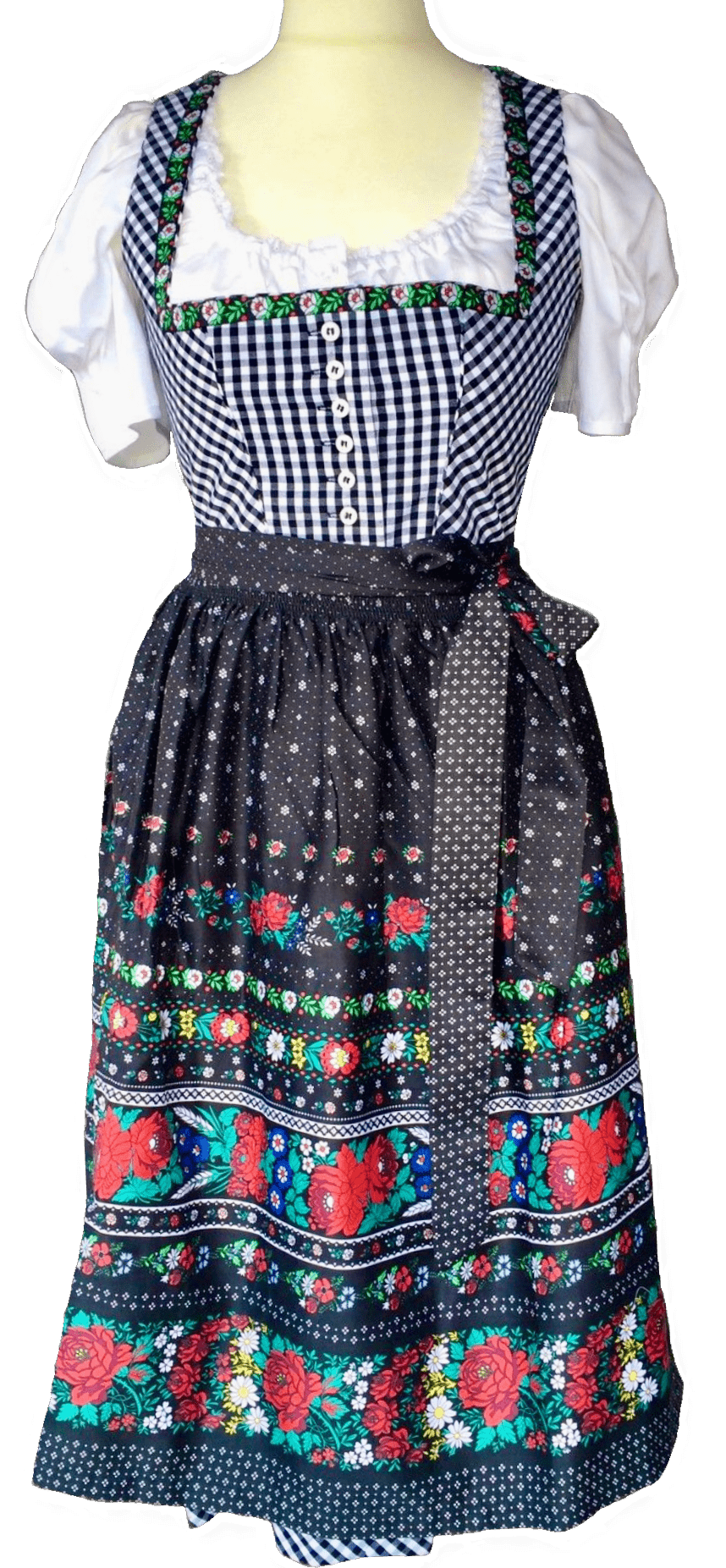 Dirndl Wenger, kariert, schwarz/weiß, Midi 70 cm Dirndl Wenger