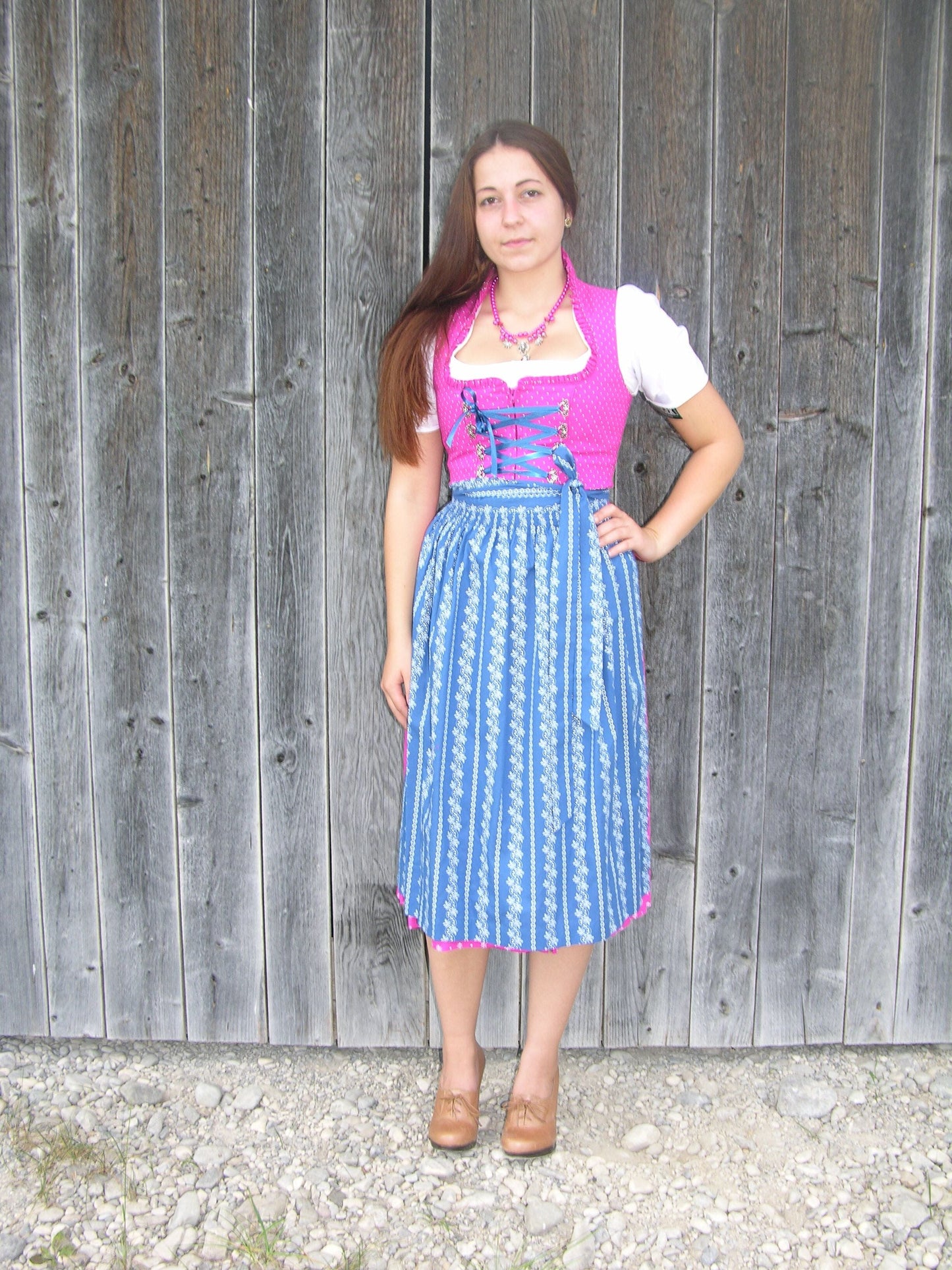 Dirndl Wenger pink, blau, Schneewittchen Midi Dirndl Wenger