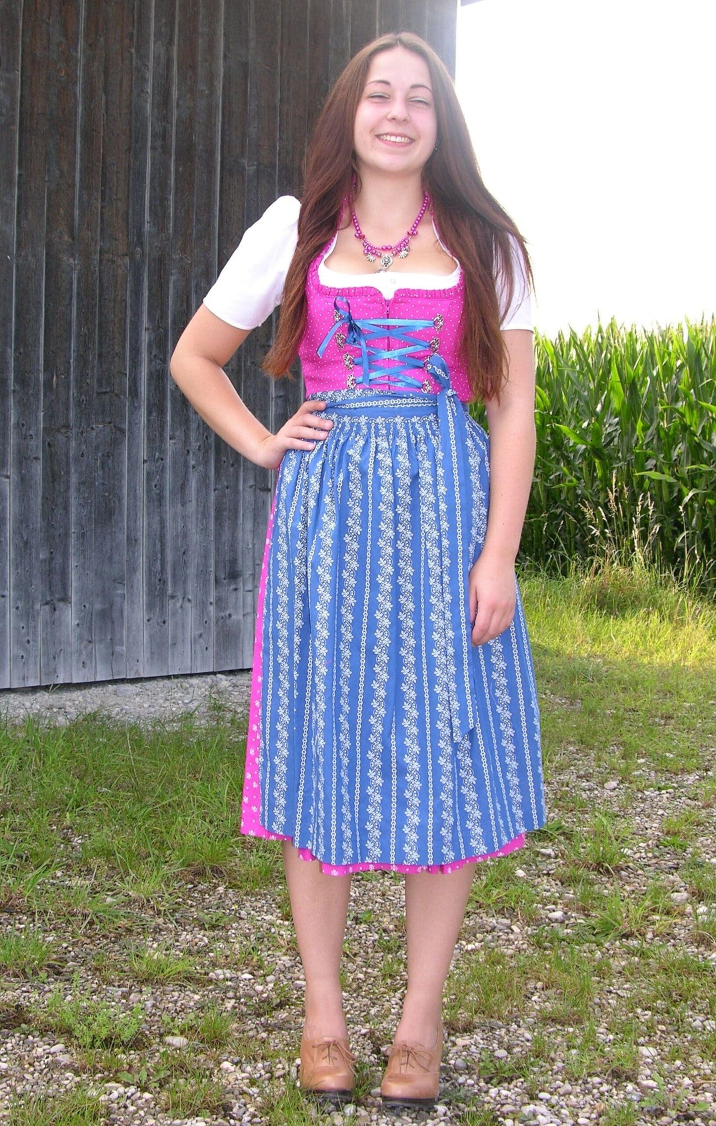 Dirndl Wenger pink, blau, Schneewittchen Midi Dirndl Wenger