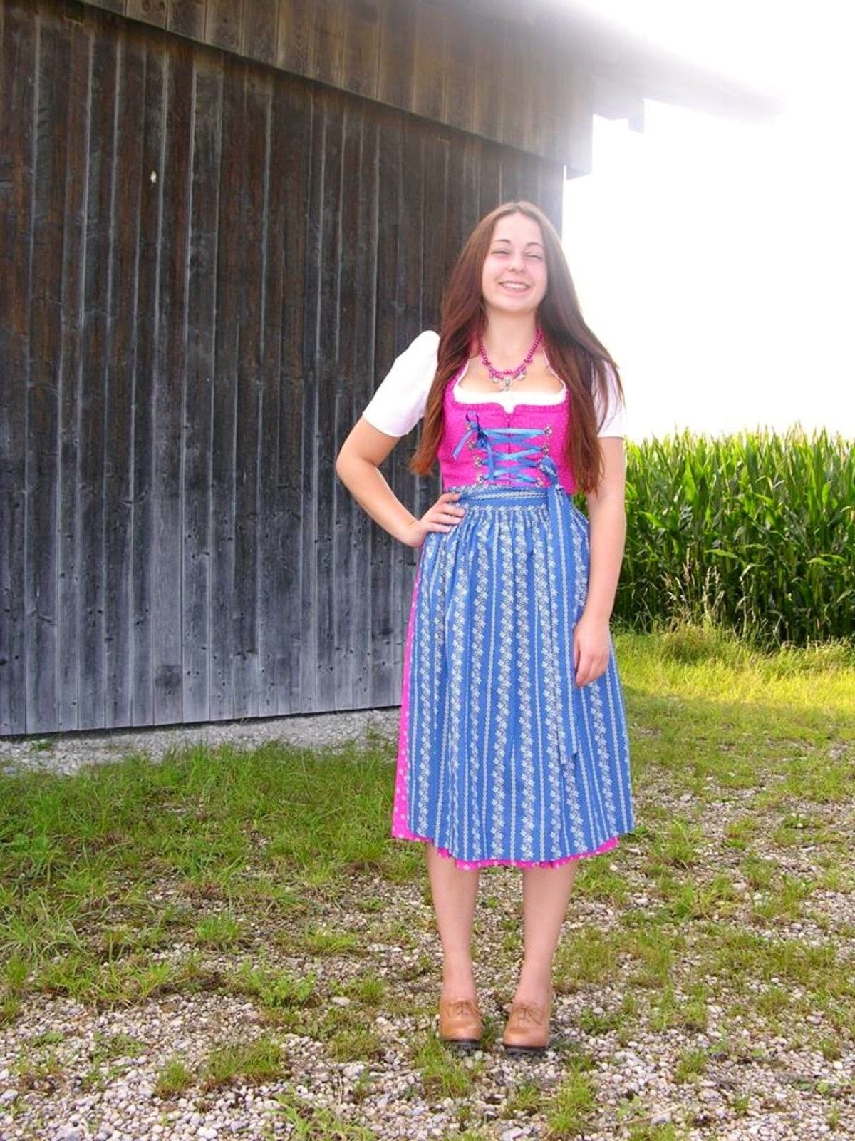 Dirndl Wenger pink, blau, Schneewittchen Midi Dirndl Wenger