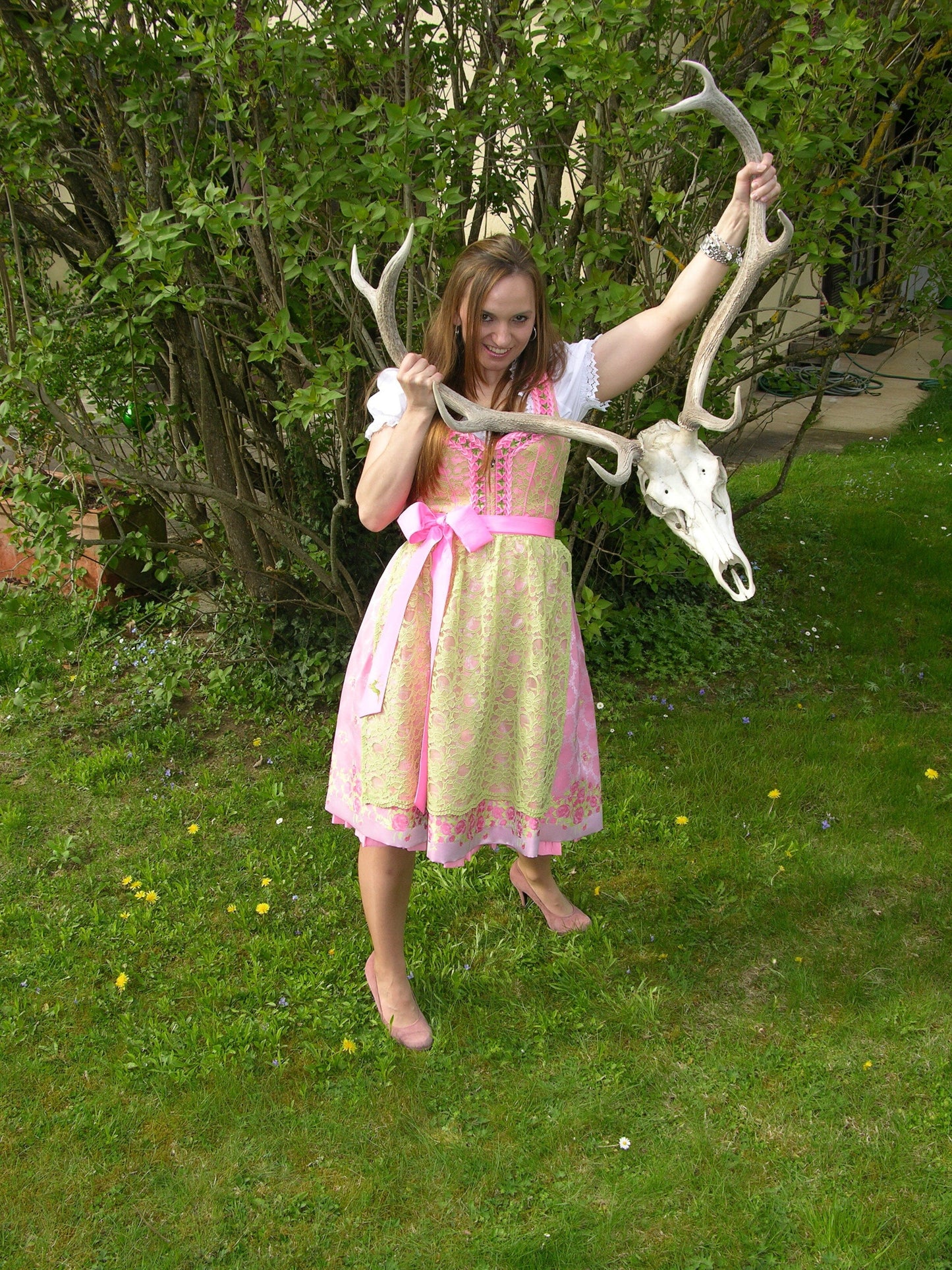 Dirndl Wiesnkönig, Carolina, pink, grün, Spitze Midi 60 cm Dirndl Wiesnkönig