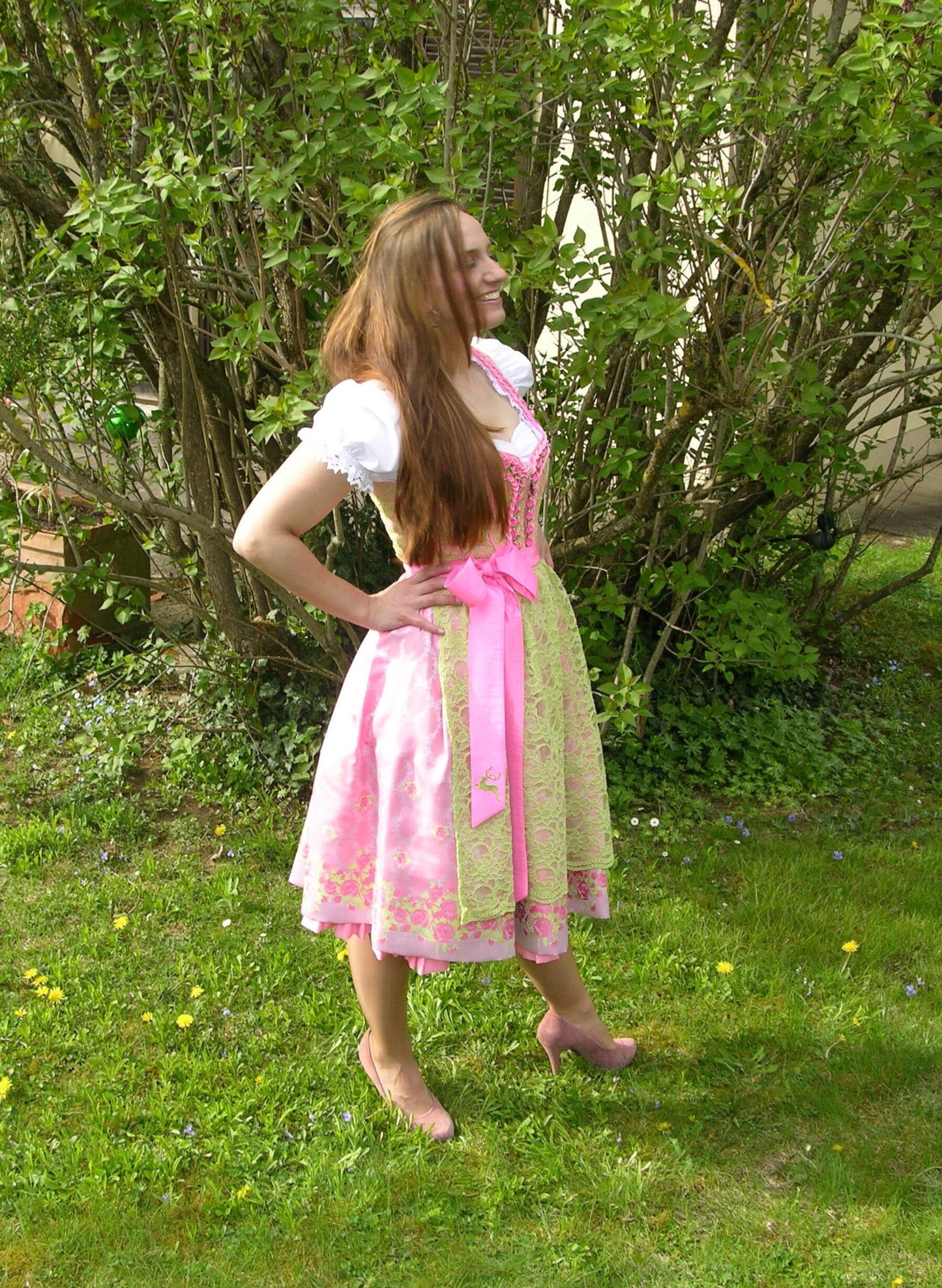 Dirndl Wiesnkönig, Carolina, pink, grün, Spitze Midi 60 cm Dirndl Wiesnkönig