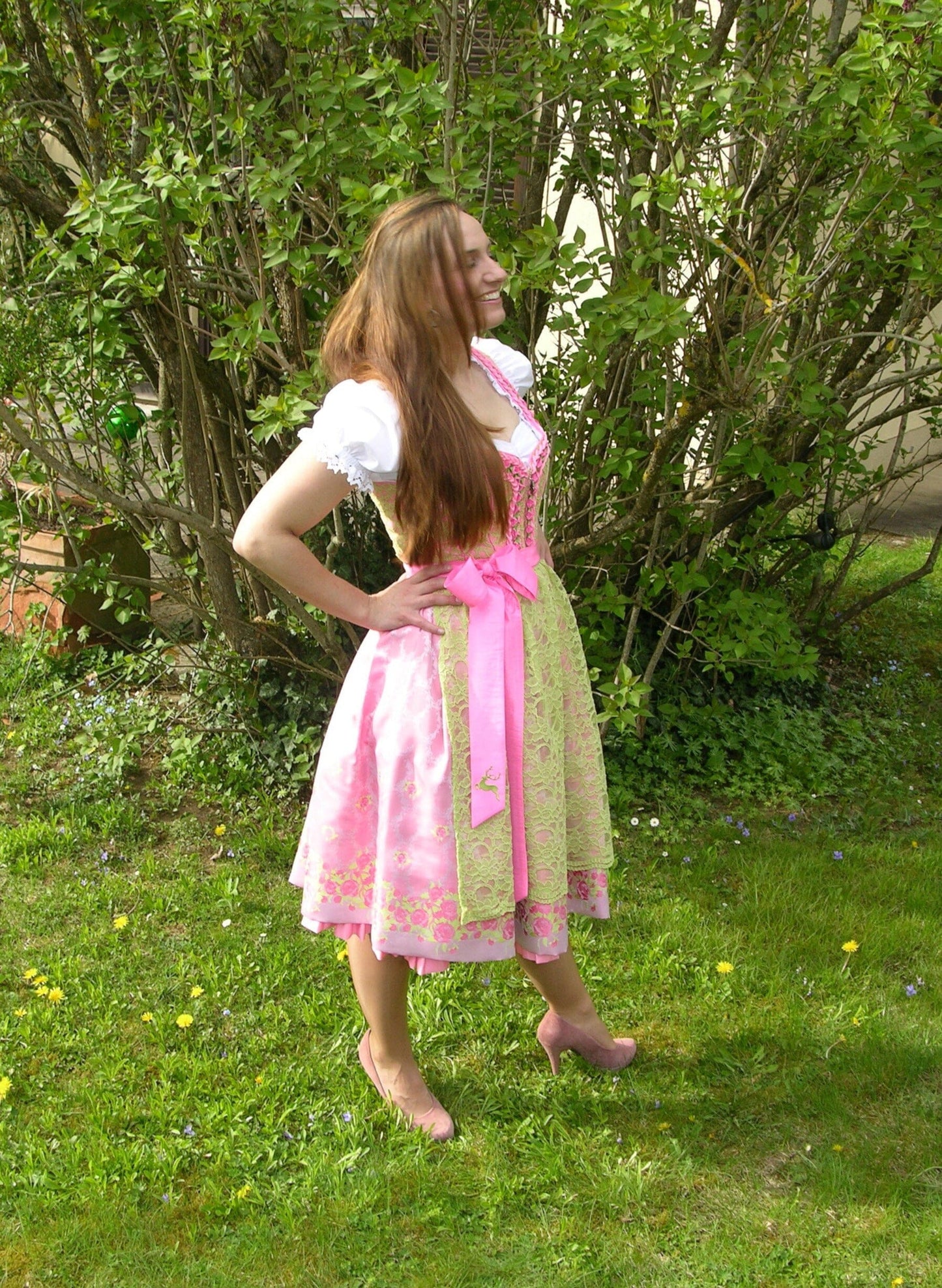 Dirndl Wiesnkönig, Carolina, pink, grün, Spitze Midi 60 cm Dirndl Wiesnkönig 