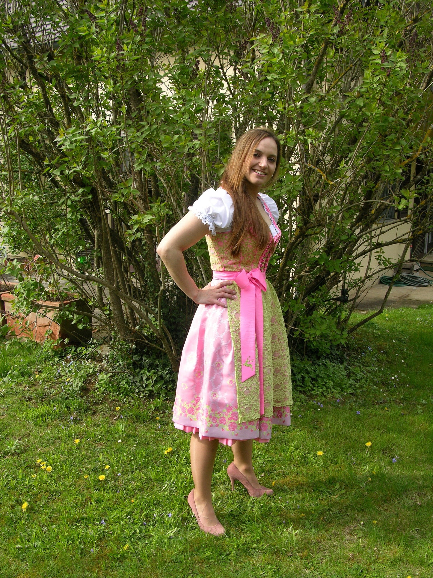 Dirndl Wiesnkönig, Carolina, pink, grün, Spitze Midi 60 cm Dirndl Wiesnkönig 