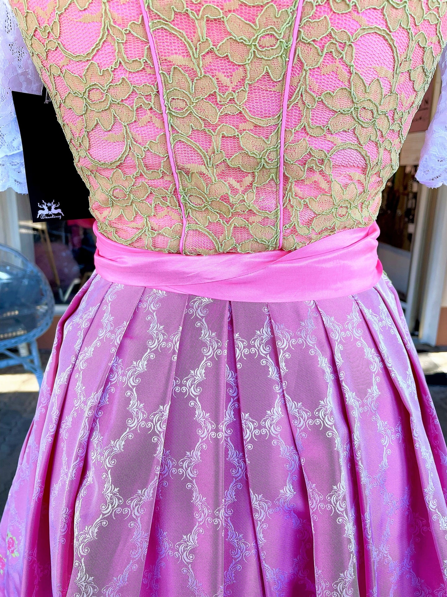 Dirndl Wiesnkönig, Carolina, pink, grün, Spitze Midi 60 cm Dirndl Wiesnkönig 