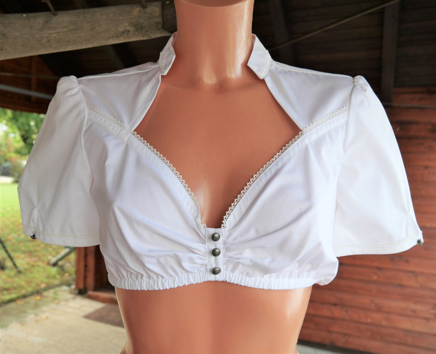 Dirndlbluse CocoVero, Bella, Stehkragen, V-Ausschnitt, weiß Dirndlblusen CocoVero
