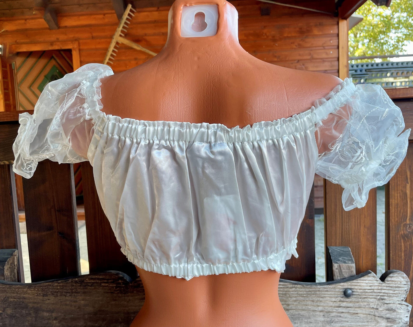Dirndlbluse Fuchs, ecru, Satin, Carmen, Spitze, Zugband Dirndlblusen Fuchs