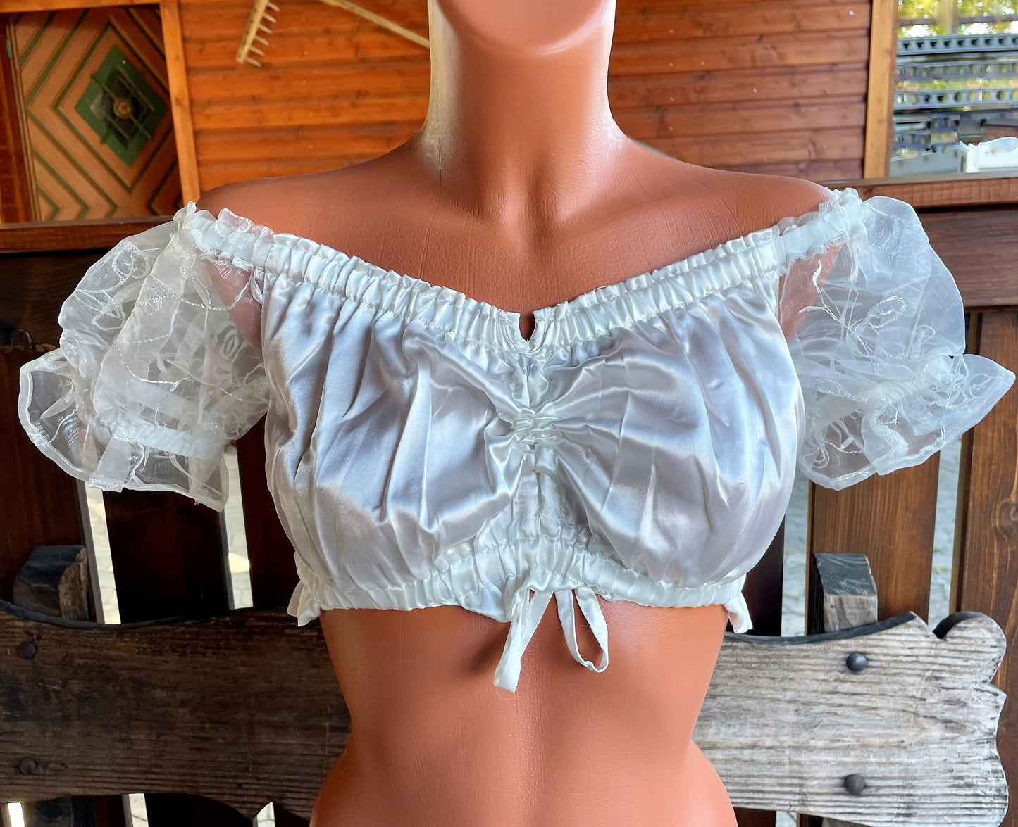 Dirndlbluse Fuchs, ecru, Satin, Carmen, Spitze, Zugband Dirndlblusen Fuchs