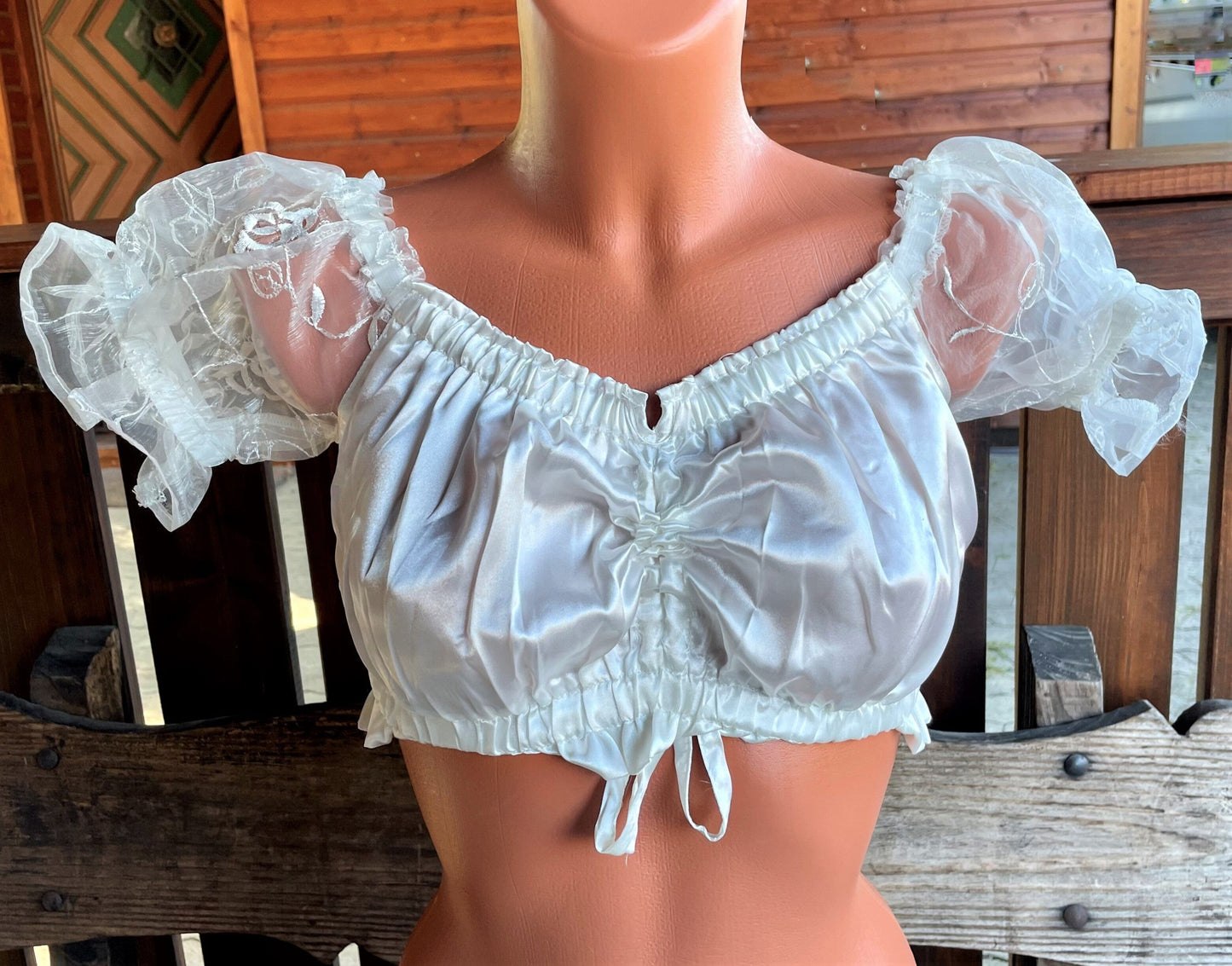 Dirndlbluse Fuchs, ecru, Satin, Carmen, Spitze, Zugband Dirndlblusen Fuchs