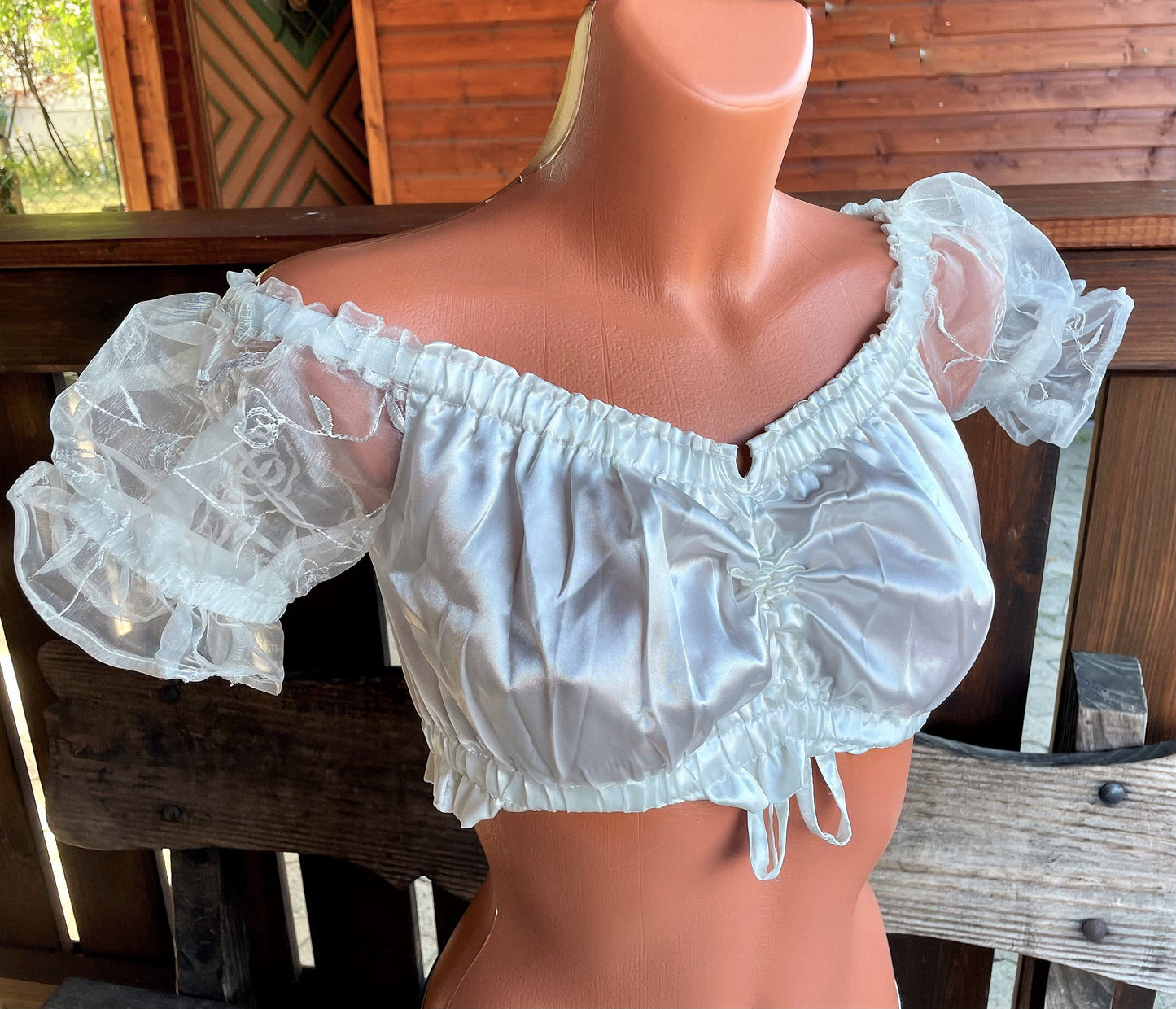 Dirndlbluse Fuchs, ecru, Satin, Carmen, Spitze, Zugband Dirndlblusen Fuchs