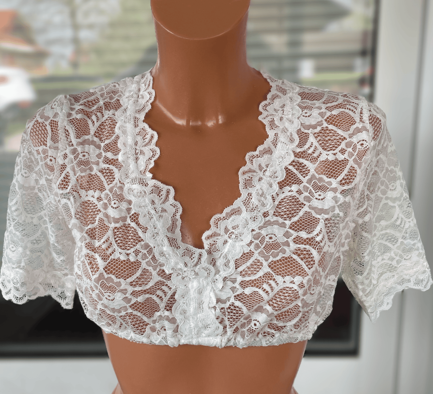 Dirndlbluse Fuchs, Spitze, Stretch, ecru, halbarm, V-Ausschnitt Dirndlblusen Fuchs