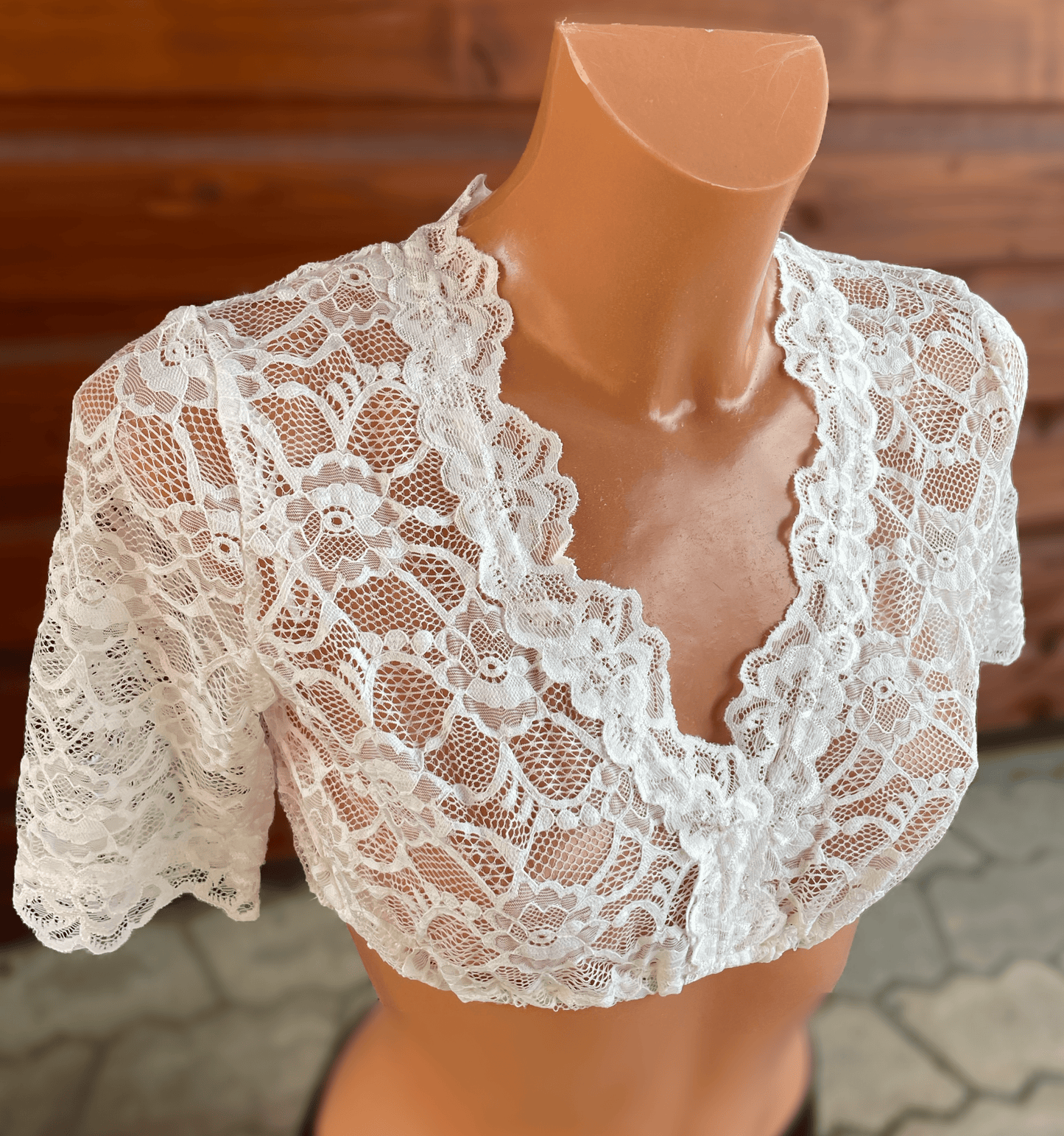 Dirndlbluse Fuchs, Spitze, Stretch, ecru, halbarm, V-Ausschnitt Dirndlblusen Fuchs