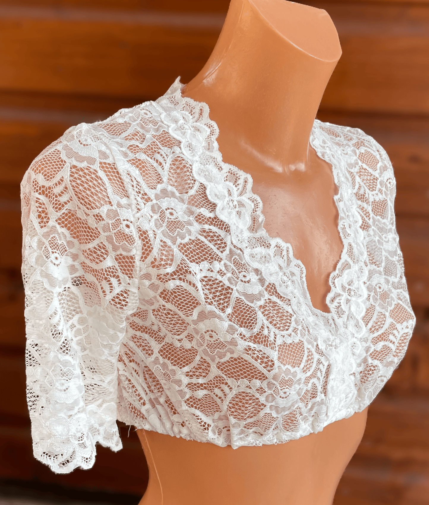 Dirndlbluse Fuchs, Spitze, Stretch, ecru, halbarm, V-Ausschnitt Dirndlblusen Fuchs