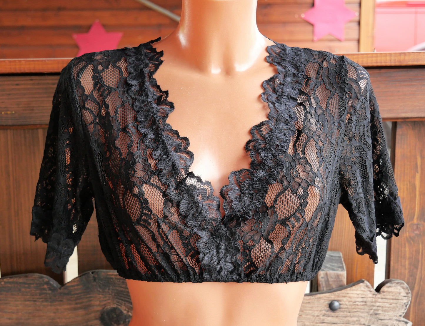 Dirndlbluse Fuchs, Spitze, Stretch, schwarz, halbarm Dirndlblusen Fuchs