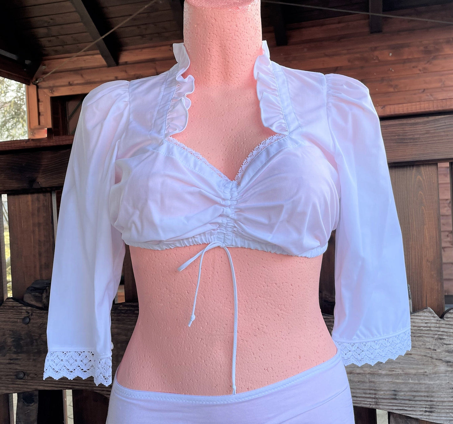 Dirndlbluse Fuchs, weiß, Zugband, Spitze, 3/4 Arm Dirndlblusen Fuchs