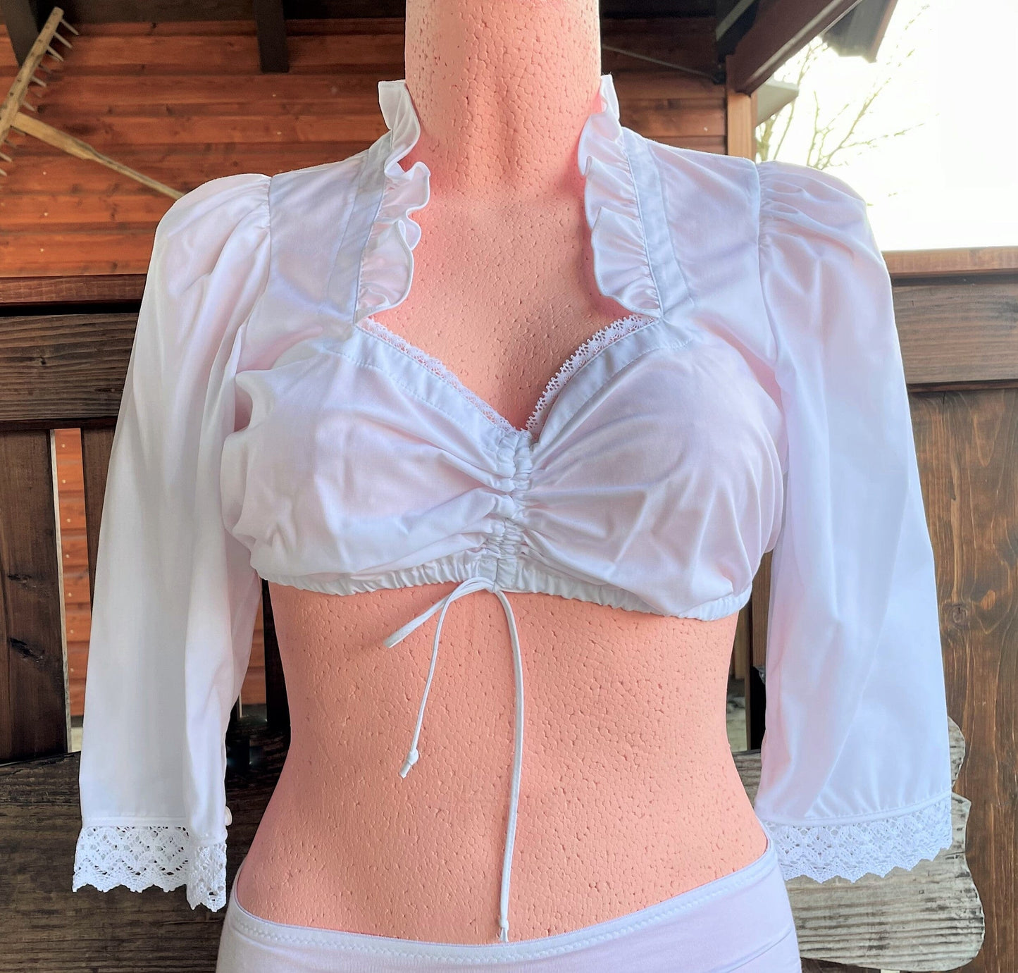 Dirndlbluse Fuchs, weiß, Zugband, Spitze, 3/4 Arm Dirndlblusen Fuchs