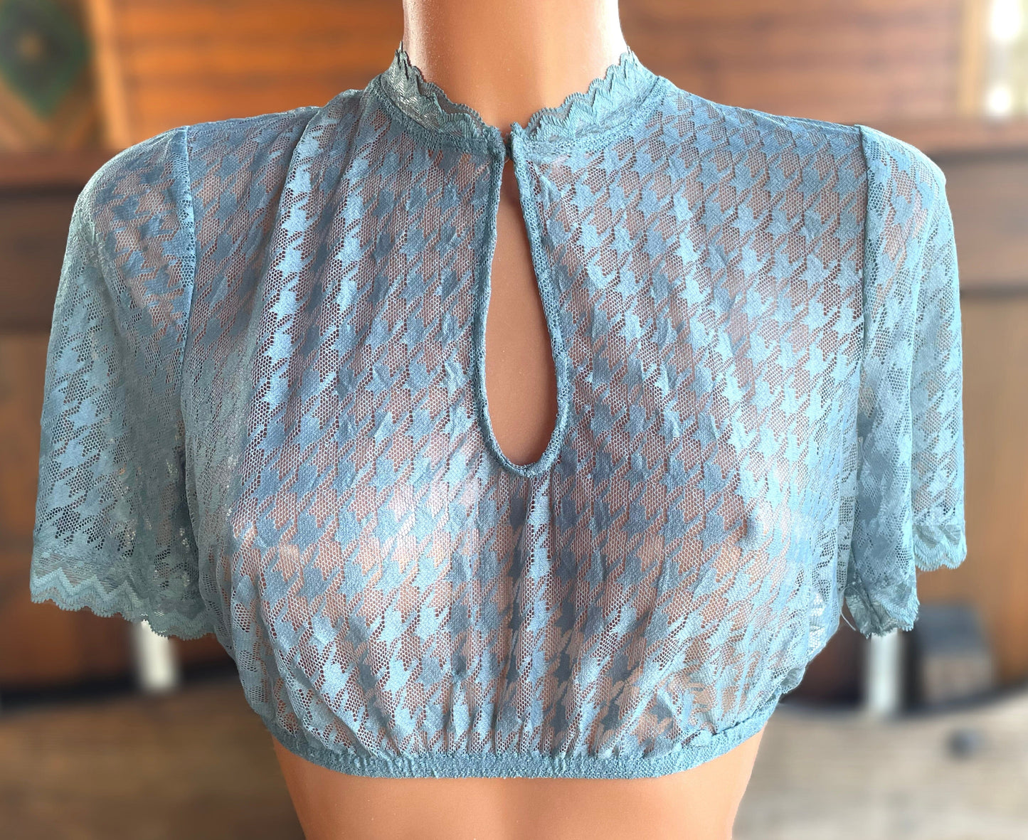 Dirndlbluse Krüger Collection, Hahnentritt, hochgeschlossen, halbarm, blau Bernarda Dirndlblusen Krüger