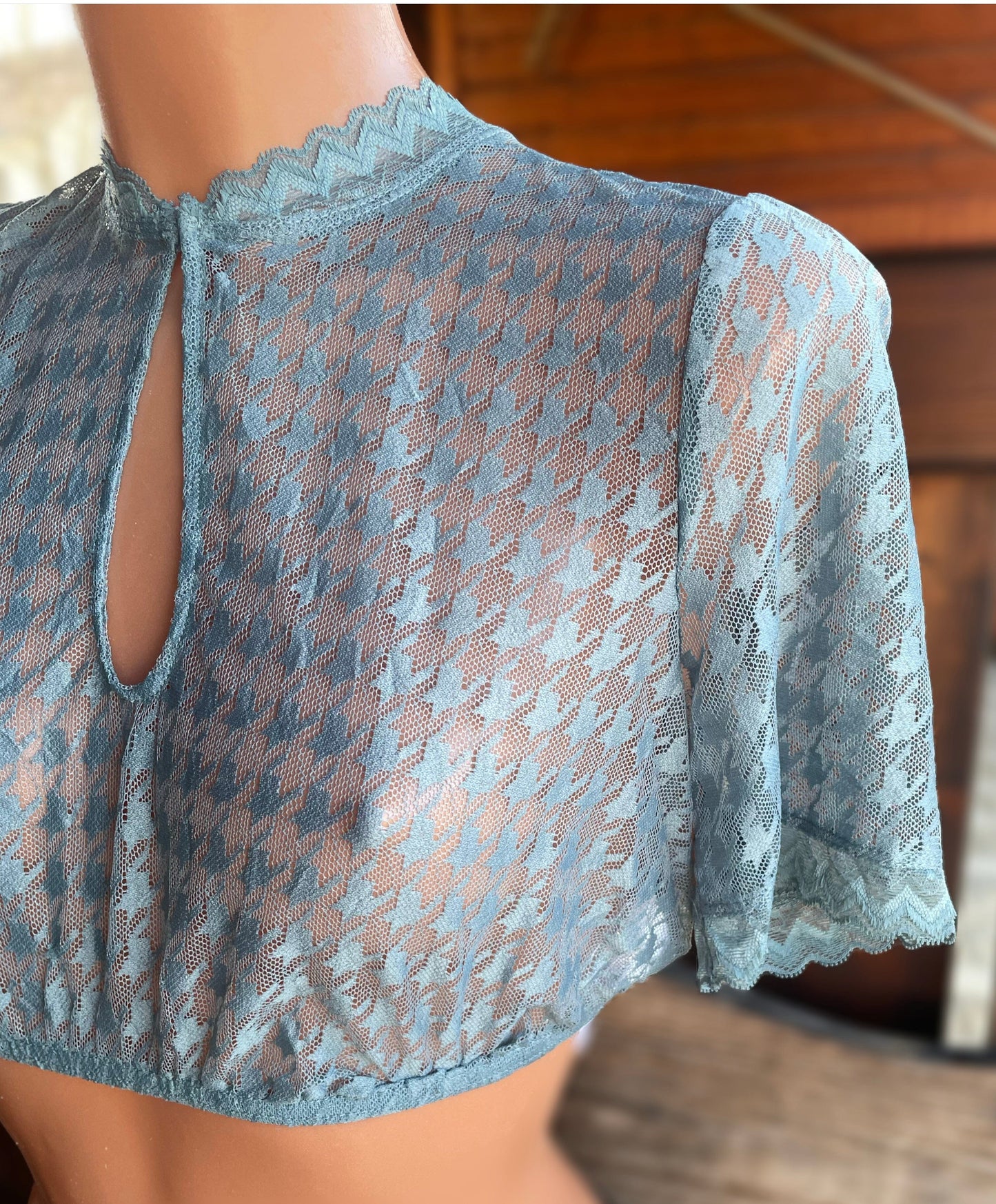 Dirndlbluse Krüger Collection, Hahnentritt, hochgeschlossen, halbarm, blau Bernarda Dirndlblusen Krüger