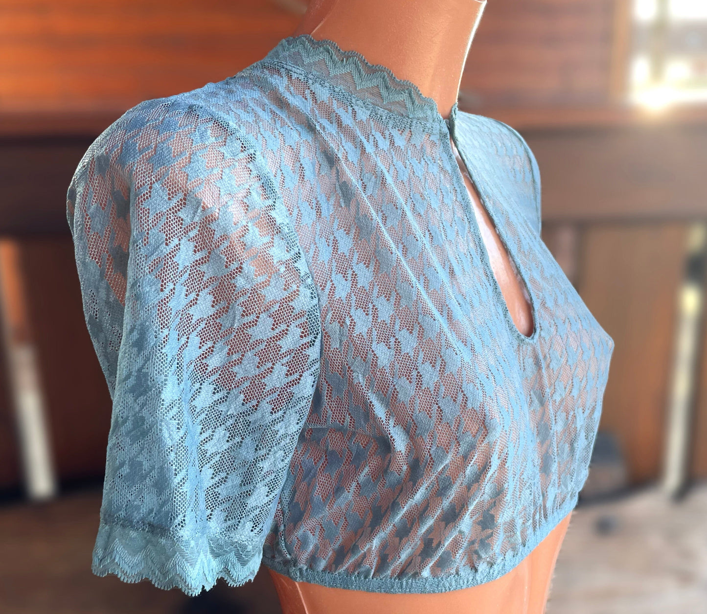 Dirndlbluse Krüger Collection, Hahnentritt, hochgeschlossen, halbarm, blau Bernarda Dirndlblusen Krüger