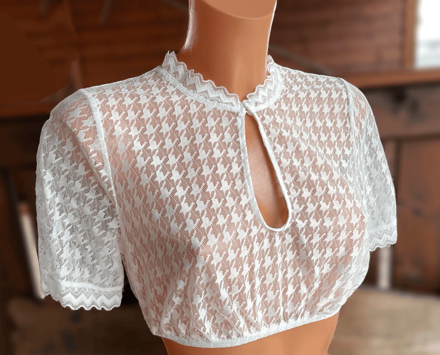 Dirndlbluse Krüger Collection, Hahnentritt, hochgeschlossen, halbarm, ecru, Bernarda Dirndlblusen Krüger