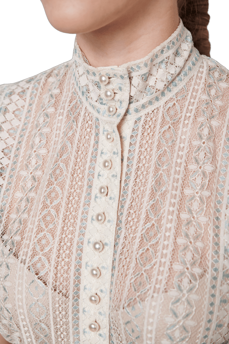 Dirndlbluse Krüger Collections, Kali, ecru blau, hochgeschlossen Dirndlblusen Krüger