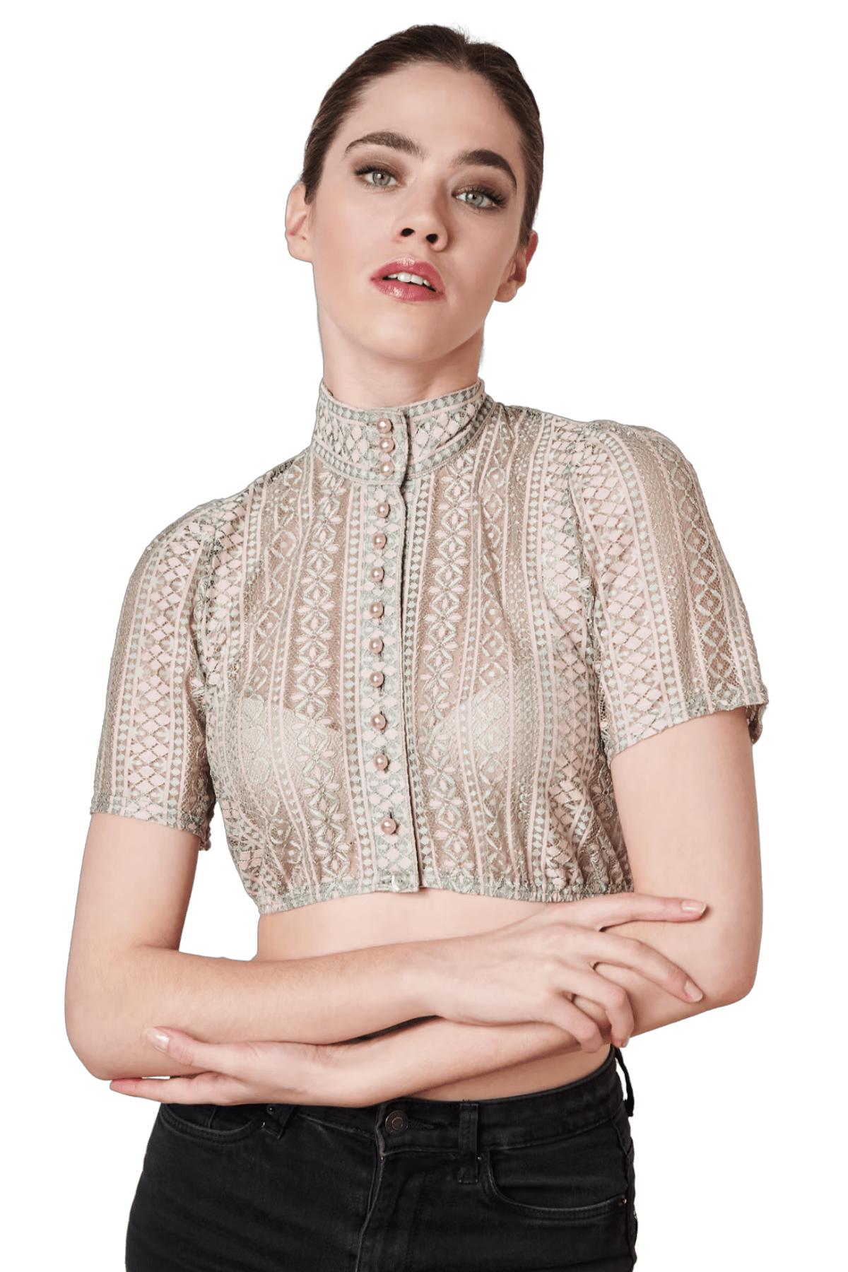 Dirndlbluse Krüger Collections, Kali, grün rosa, hochgeschlossen Dirndlblusen Krüger