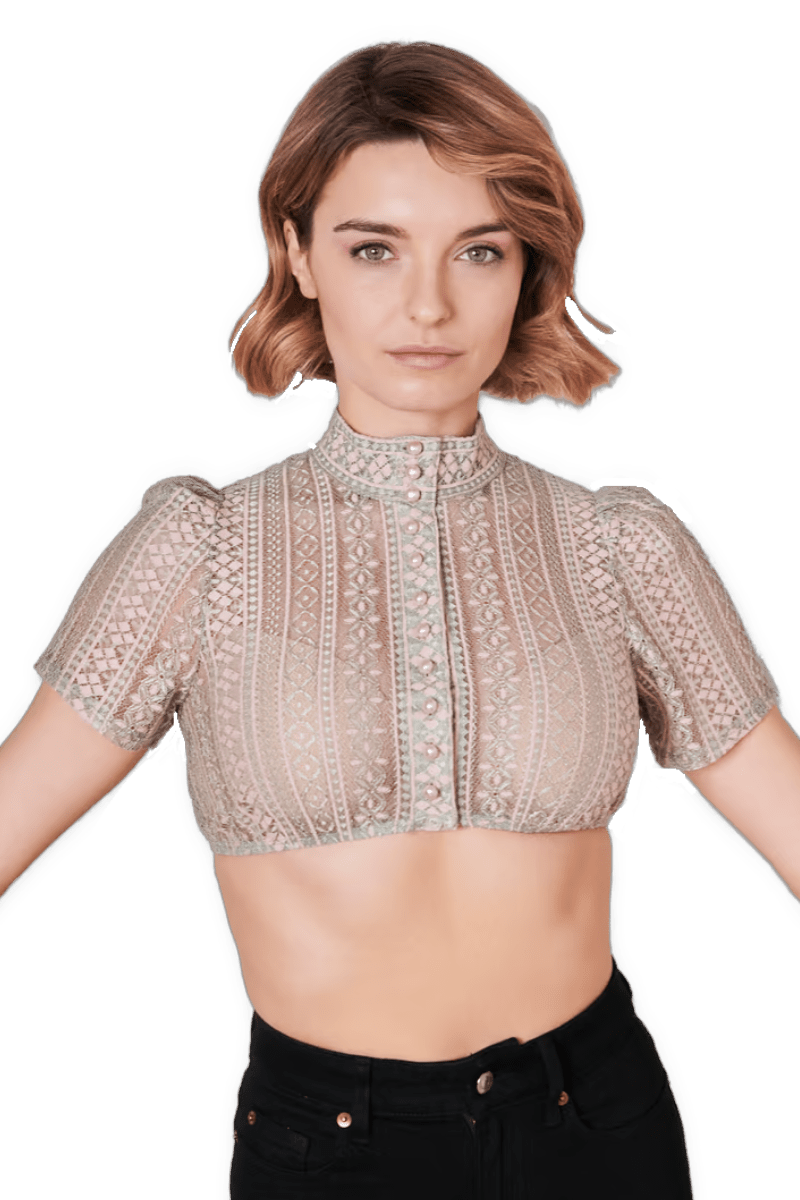 Dirndlbluse Krüger Collections, Kali, grün rosa, hochgeschlossen Dirndlblusen Krüger