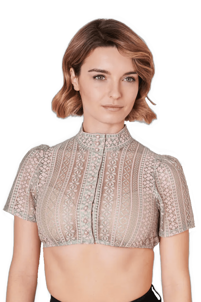 Dirndlbluse Krüger Collections, Kali, grün rosa, hochgeschlossen Dirndlblusen Krüger