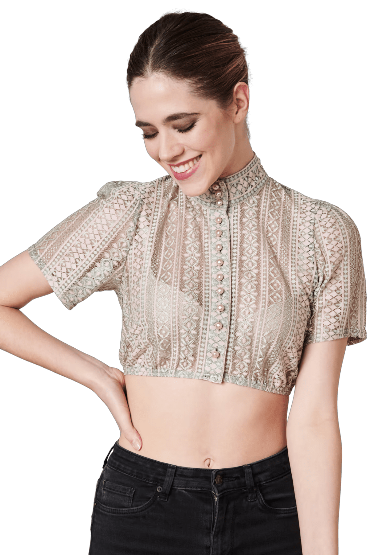 Dirndlbluse Krüger Collections, Kali, grün rosa, hochgeschlossen Dirndlblusen Krüger