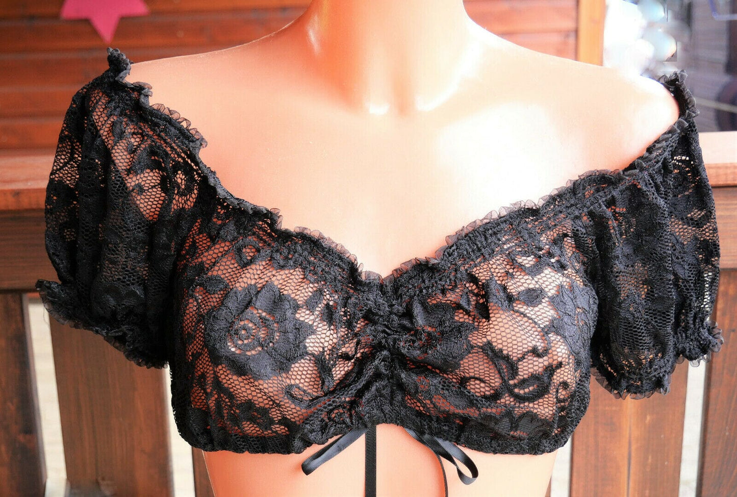Dirndlbluse Krüger Madl, Carmen, schwarz, Zugband, Spitze, Gr. 32/34 Dirndlblusen Krüger