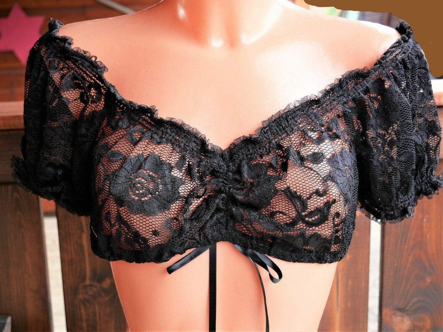 Dirndlbluse Krüger Madl, Carmen, schwarz, Zugband, Spitze, Gr. 32/34 Dirndlblusen Krüger