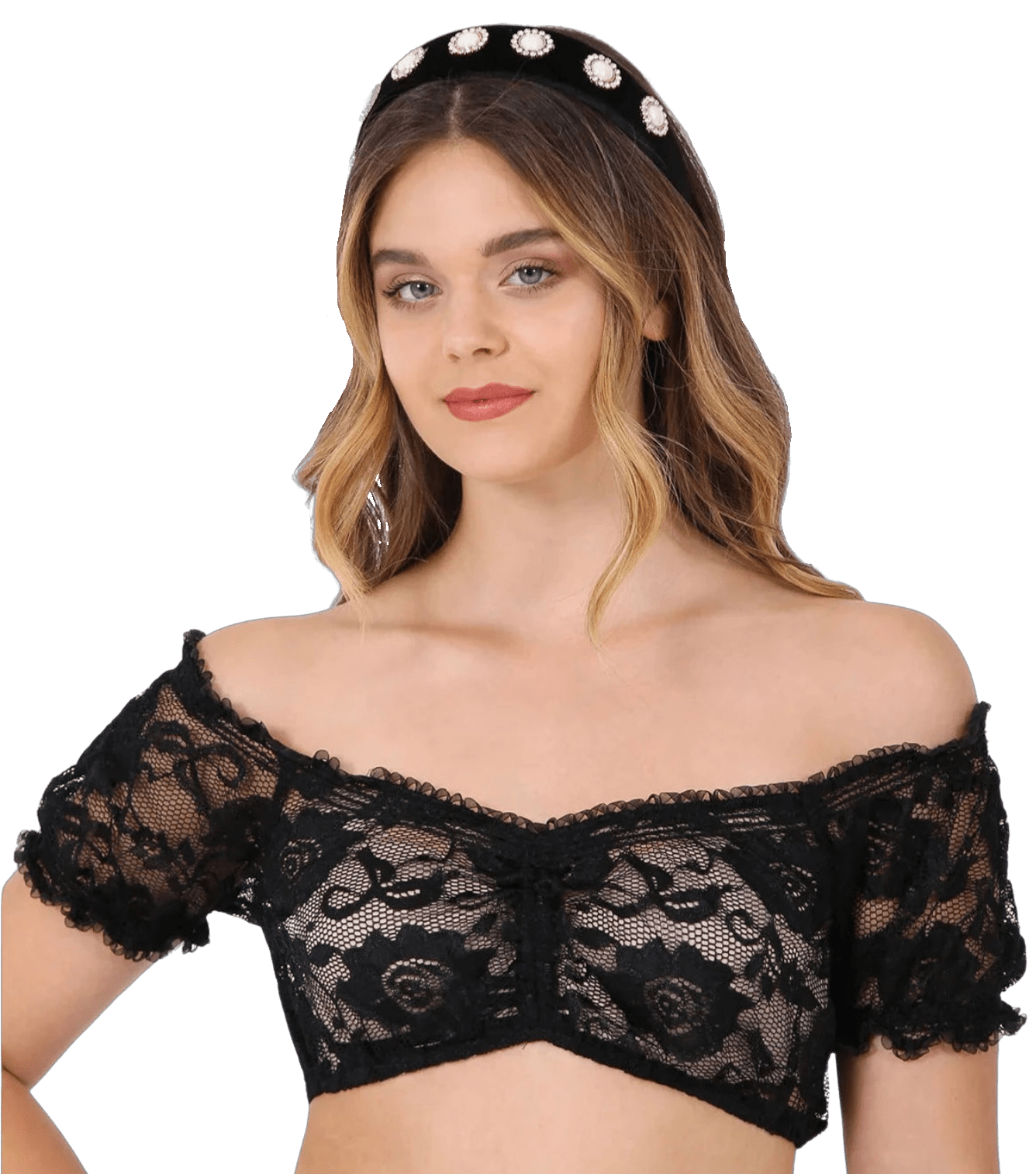 Dirndlbluse Krüger Madl, Carmen, schwarz, Zugband, Spitze, Gr. 32/34 Dirndlblusen Krüger