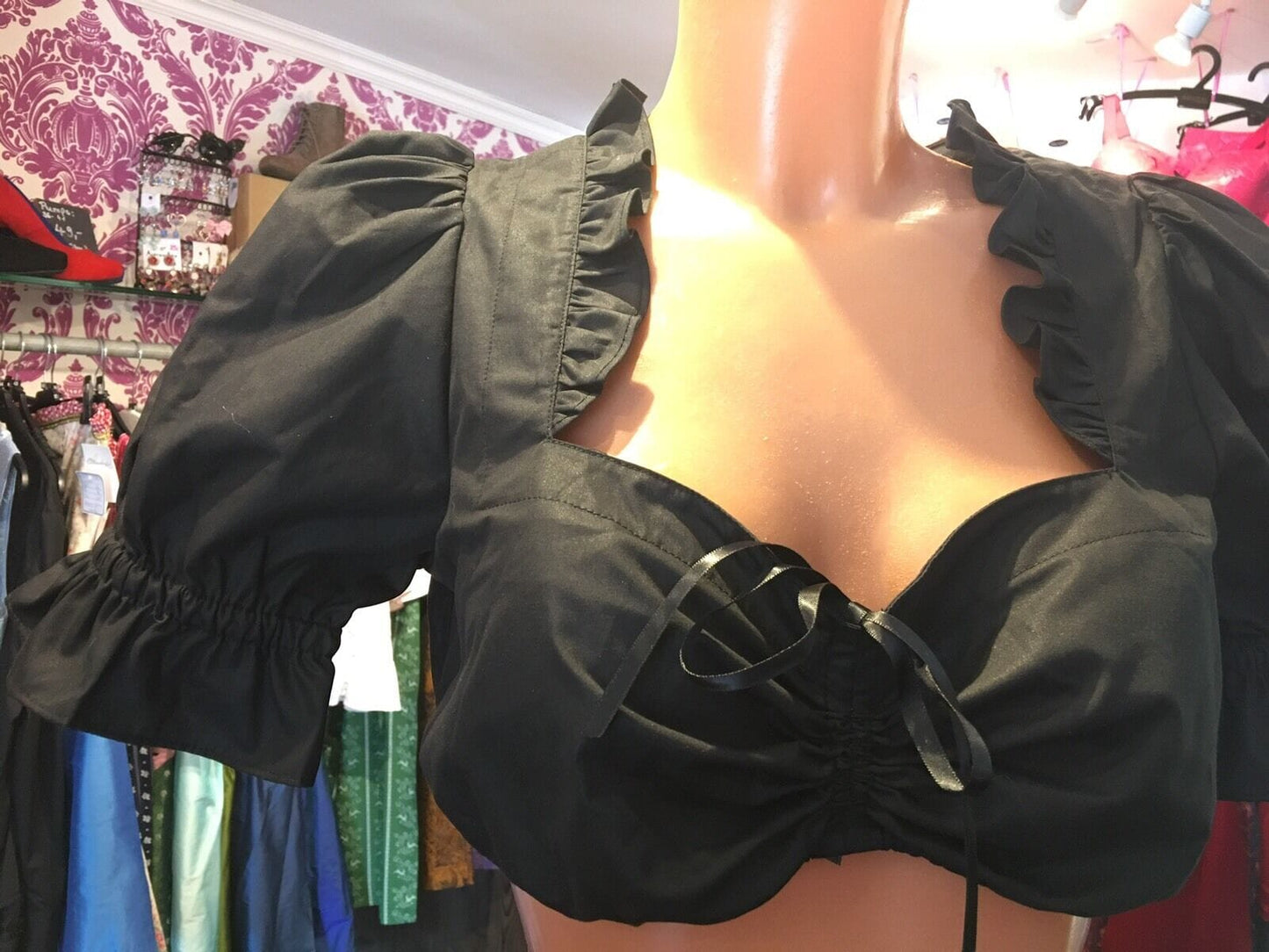 Dirndlbluse Krüger Madl, schwarz, schimmernd, Zugband, Puffärmel Dirndlblusen Krüger