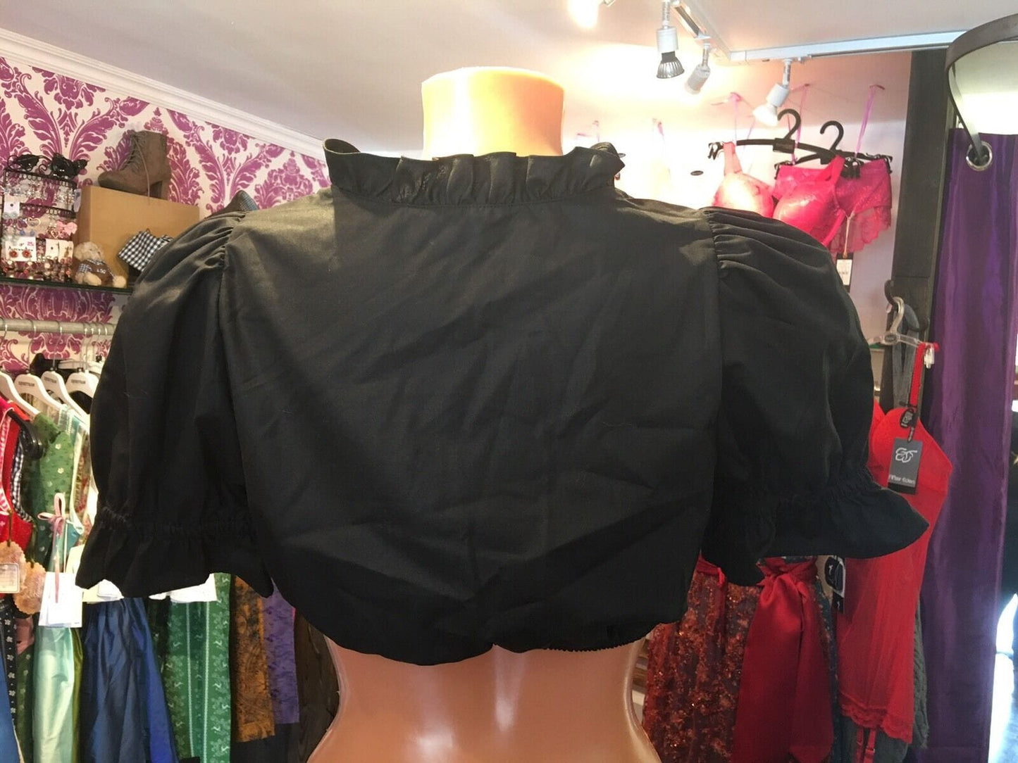 Dirndlbluse Krüger Madl, schwarz, schimmernd, Zugband, Puffärmel Dirndlblusen Krüger