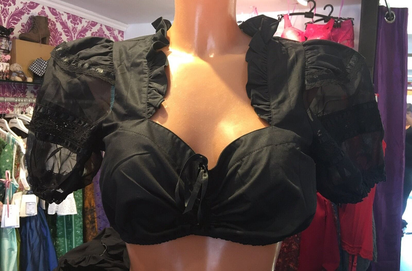 Dirndlbluse Krüger Madl, schwarz, Transparent, Zugband Dirndlblusen Krüger