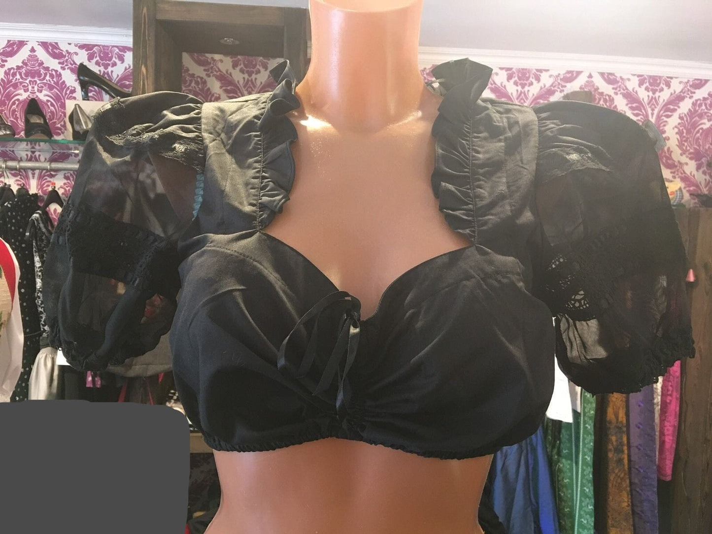 Dirndlbluse Krüger Madl, schwarz, Transparent, Zugband Dirndlblusen Krüger